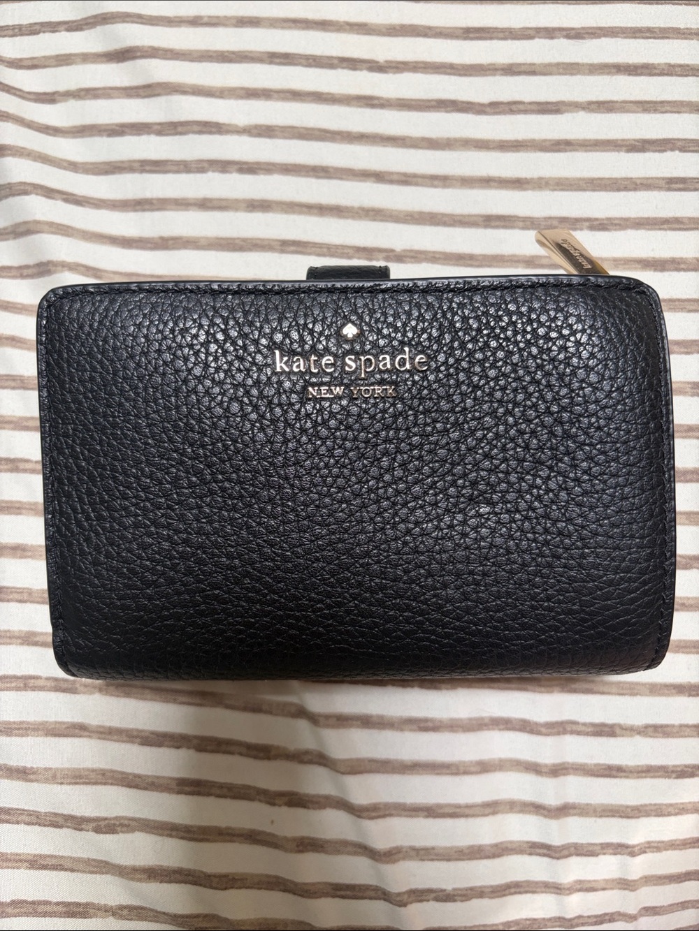 kate spade Black Pebbled Leather Zip Wallet with Logo